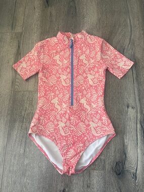 Boden Pink Mermaid Short-Sleeve One-Piece Swimsuit with Blue Zip